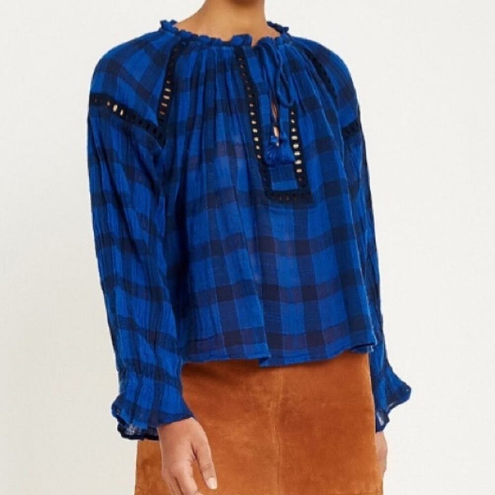 Free People Honey Grove Plaid Top Gauze Bell Sleeve Pleated Blouse in Black Blue - Picture 10 of 10